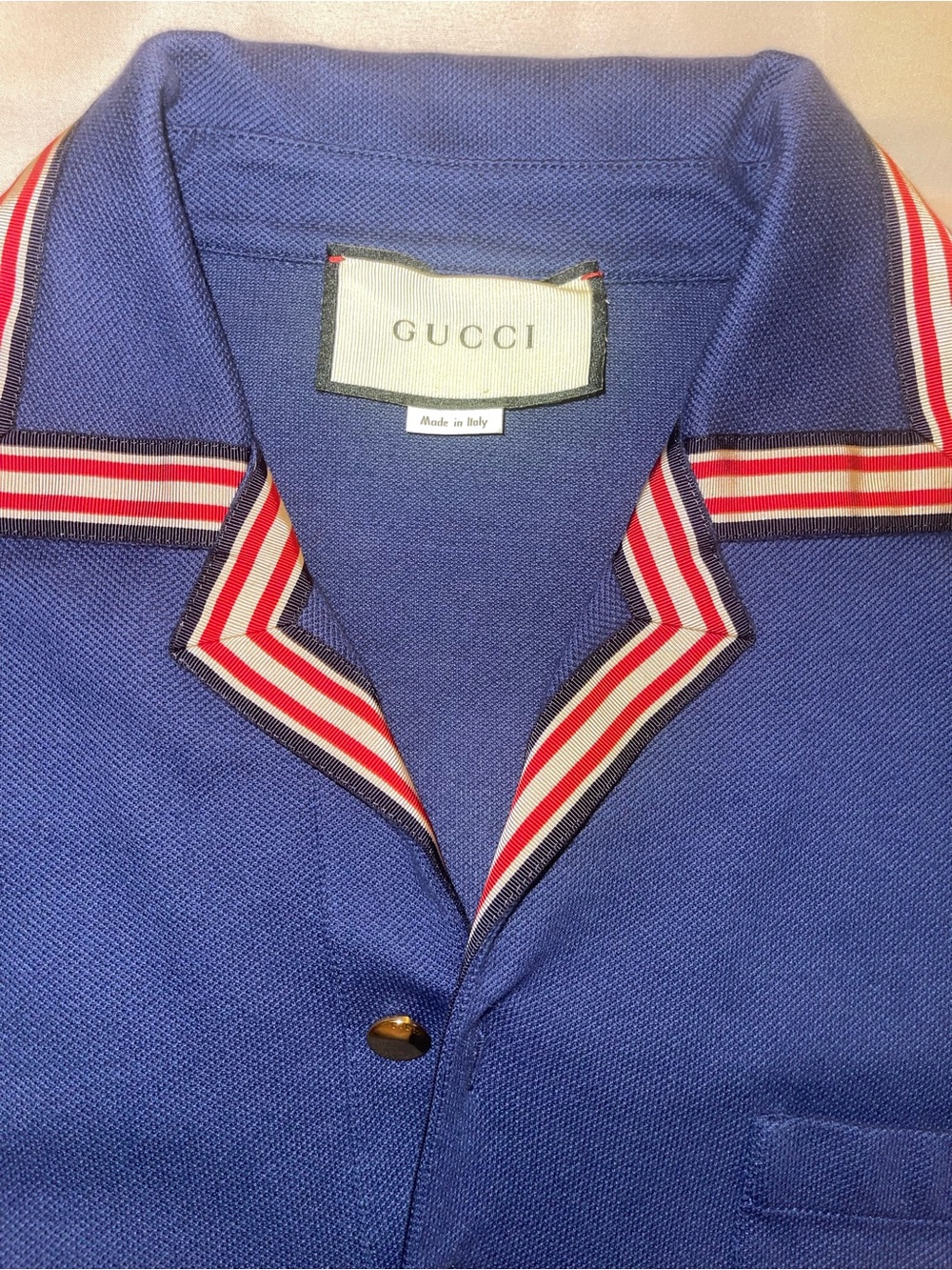 Gucci Blue Button-Down Shirt with Red and White Stripe Trim